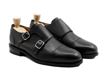 Zapatos de vestir con doble hebilla para hombre Goodyear Welt Zapatos de vestir hechos a mano de cuero de becerro negro de Pelle Classica