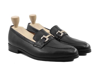 Mens Horsebit Handmade Black Mild Calf Leather Loafers Dress Shoes