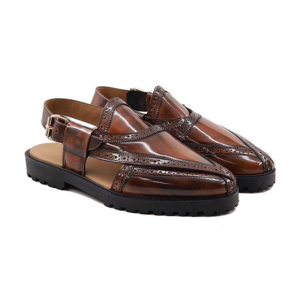 Mens Nauroze Sandal Kaptaan Chappal Peshawari Style Two tone Box Calf Leather Luxury Sandals For Men