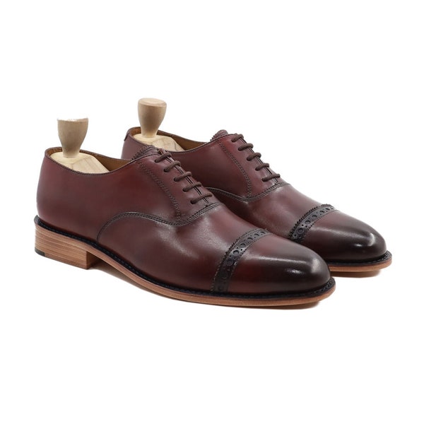 Captoe Oxfords Goodyear welted Burgundy Calf Leather Handmade Handwelted Formal Party Mens Leather Shoes