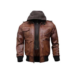 Mens Hooded Bomber Leather Jacket Distress Brown Waxed Lambskin Leather Jacket with Removable Hood