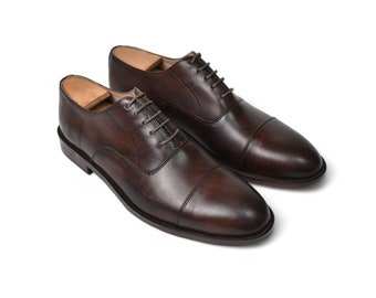 Oxfords Shoes Mens Handmade Leather Shoes Dark Brown Calf Leather Patina Dress Shoes Mens