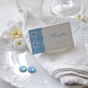Modèle de carte de visite modifiable en mosaïque, modèle de carte de visite en mosaïque portugaise, marque-place en mosaïque bleue, modèle de carte de siège en téléchargement immédiat, modèle de carte de siège pour mariage