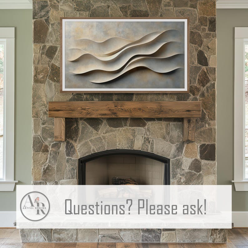 May include: A rectangular wall art piece featuring a series of layered, cream-colored, wave-like forms set against a muted, textured background of soft grays and tans, all enclosed within a simple, thin, light-toned wooden frame.