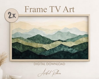 Puede incluir: Una descarga digital de arte para televisor Frame TV con un paisaje de montañas en capas en tonos crema, verde salvia, verde bosque y gris oscuro. La obra se muestra en un marco de madera clara con el texto 2x, Frame TV Art y Artful Robins.