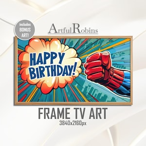 Marco de superhéroe de feliz cumpleaños para TV / Decoración de fiesta de cumpleaños con cómics coloridos Ka-Pow / Descarga digital instantánea para Samsung Frame TV