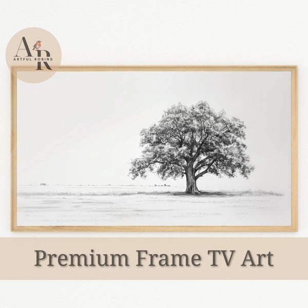 Frame TV Art Tree Drawing in Charcoal | Monochrome Illustration Sketch | Neutral Minimalist White Grey | Instant Download | Samsung Frame TV