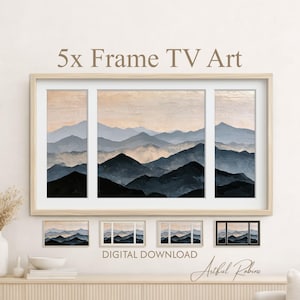 May include: A framed landscape print depicting a mountain range in blue and grey hues. The artwork is split into five sections, with smaller versions beneath. Text reads "5x Frame TV Art" and "Digital Download."