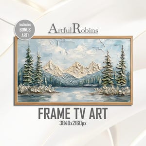 May include: A framed landscape painting featuring a mountain range, lake, and evergreen trees. The artwork has a textured, impasto style with a light blue and white color palette. The text "FRAME TV ART" is displayed below the artwork.