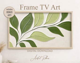 May include: A digital download of Frame TV art featuring a stylized branch with layered green leaves in varying shades of olive and lime against a cream background. The text reads Frame TV Art, includes BONUS ART, and DIGITAL DOWNLOAD.