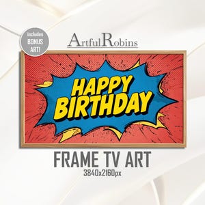 Happy Birthday Comic Book FRAME TV ART | Red Blue Yellow Kids Party Banner | Digital-Download