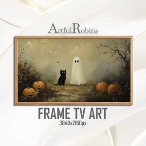 Niedlicher Geist mit schwarzer Katze rahmen TV ART | Gruseliges Kürbis Aufnäher | Digitaler Download