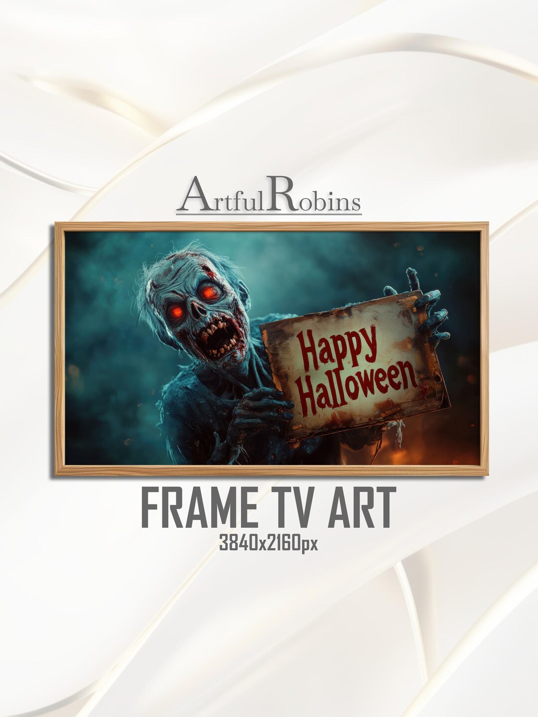 Terrifying Zombie With Happy Halloween Sign FRAME TV ART | Ghastly