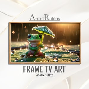 葉っぱの傘の下のカエル フレーム TV アート | 愛らしいファンタジー野生動物のリリーパッド (デジタルダウンロード)