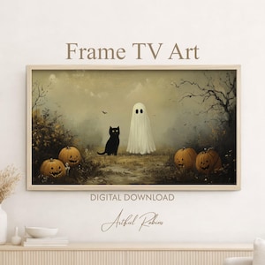 May include: A framed digital art print featuring a Halloween scene. A black cat sits near a ghost and jack-o'-lanterns. The artwork is set in a muted color palette with the text "Frame TV Art" and "Digital Download" at the top and bottom.