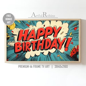 Alles Gute zum Geburtstag Retro Comic Bilderrahmen TV Kunst | Bunt Rot Aktion Comic Geburtstag Party Deko | Sofortiger digitaler Download für Samsung Frame TV
