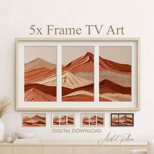 May include: A digital download of 5x Frame TV Art featuring a triptych landscape painting with thick, textured brushstrokes in shades of terracotta, beige, and cream. The artwork is displayed in a light wood frame, with smaller variations shown below.