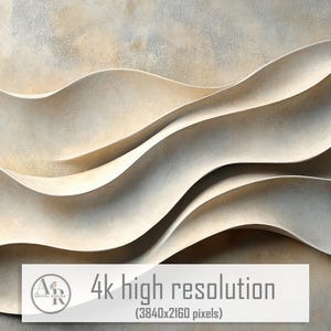 May include: A wall art piece featuring three-dimensional, flowing, wave-like curves in a neutral beige and off-white color palette. The surface has a textured, matte finish with subtle gradients. Text at the bottom reads 4k high resolution.
