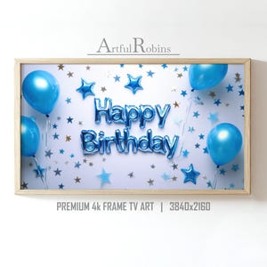 Blue Balloons Happy Birthday Frame TV Art | Blue Balloons & Sparkling Stars Message | Colorful Birthday Party Decor Instant Download TV Art