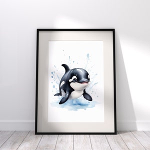 Cute Baby Orca Whale Calf Printable Art, Instant Download, Orca Wall Decor, Watercolor Orca Whale, Ocean Nursery Decor, Marine Wall art