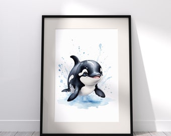 Watercolor Orca Whale Calf Printable Nursery Art | Baby Ocean Animal Marine Wildlife Digital Download