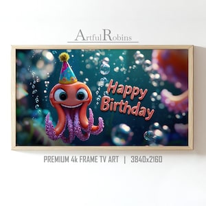 Octopus Happy Birthday TV Art for Kids Party | Smiling Cartoon Octopus Birthday Banner Party Art | Instant Download Colorful Frame TV Art