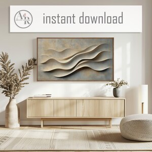 May include: A rectangular wall art print featuring abstract, layered, beige, and cream-colored wave shapes against a muted, textured gray background, framed in wood, with the text "instant download" and a circular logo in the upper section.