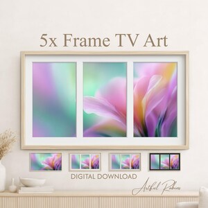 Könnte beinhalten: Ein Satz gerahmter digitaler Kunstdrucke mit einer Nahaufnahme einer rosa und lila Blume. Der Text "5x Frame TV Art" befindet sich über dem großen Rahmen. Darunter kleinere gerahmte Versionen und der Text "DIGITAL DOWNLOAD".