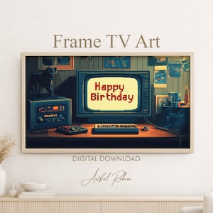 Retro Gamer Happy Birthday TV Art | 8-bit Pixel Vintage Computer Game Art | Digital Download