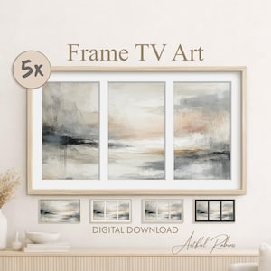 May include: A digital download set of Frame TV art featuring five variations of an abstract landscape painting with neutral tones of beige, gray, and white. The artwork displays textured brushstrokes and a horizontal composition within a light wood frame.