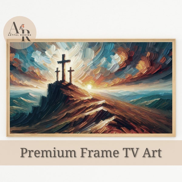 Christian Frame TV Art for Samsung Frame TV Biblical Sunrise painting of Crosses Inspirational Easter Spiritual Impasto Religious Faith Art