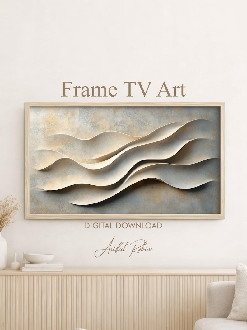May include: A digital download Frame TV Art print featuring abstract, flowing, layered wave shapes in cream and beige tones against a textured, mottled grey background. The text "Frame TV Art", "DIGITAL DOWNLOAD", and "Artful Robins" is visible.