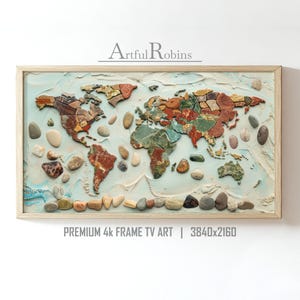 Carte du monde galets de plage cadre mosaïque art TV | Oeuvre d'art inspirée du voyage | Téléchargement instantané pour téléviseur Samsung Frame