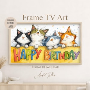 Könnte beinhalten: Ein digitales Frame TV-Kunstwerk zum Herunterladen mit einer Aquarellillustration von vier Katzen in Schwarz, Weiß, Blau und Orange. Die Katzen befinden sich über einem gelben Banner mit dem Text HAPPY BRTHDAY in bunten Buchstaben.