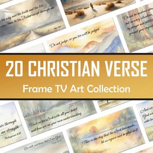 Può includere: Una collezione di 20 stampe artistiche di versetti cristiani. Ogni stampa presenta un paesaggio ad acquerello e un versetto biblico. Le stampe sono disposte su uno sfondo bianco. Il testo "20 CHRISTIAN VERSE Frame TV Art Collection" è visualizzato al centro.