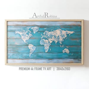 Blauwe houten wereldkaart FRAME TV-KUNST | Verweerde rustieke kust Wereldwijd op aarde reizen geïnspireerd kunstwerk | Vervaagde vintage stijl | Direct downloaden