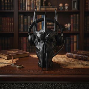 May include: A matte black, multi-pointed, spiked helmet-shaped headphone stand. The stand features a tall, central vertical spike flanked by two smaller, curved side spikes. A pair of black over-ear headphones rests securely on the stand.