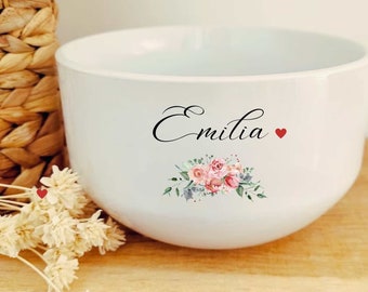 Personalized bowl first name and heart floral design personalized tableware / birthday gift