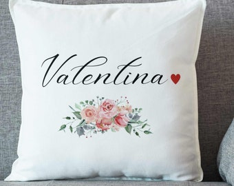 Cuscino personalizzato con nome con cuore e illustrazione floreale / regalo personalizzabile