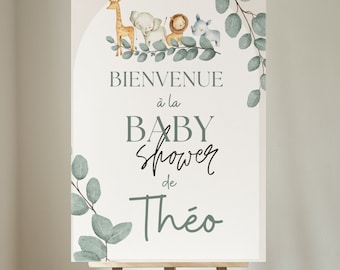 Affiche bienvenue baby shower personnalisée safari avec prénom décoration de salle