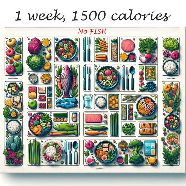 1500 Calorie Meal Plan - 1 week - No Fish Edition - Digital Copy - Marcos, Ingredients, recipe, Shopping list