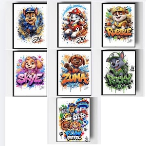 May include: A collection of seven rectangular art prints featuring Paw Patrol characters including Chase, Marshall, Rubble, Skye, Zuma, and Rocky, with vibrant watercolor-style paint splatters, graffiti-style text, and a group illustration.