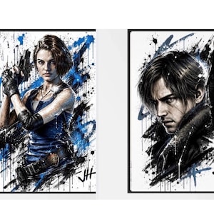 May include: Two rectangular art prints featuring stylized character illustrations. The left print shows a person with short brown hair holding a handgun, wearing a blue tank top. The right print depicts a person with dark hair and a leather jacket.