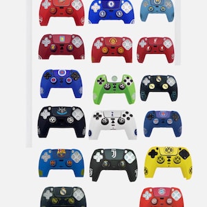 May include: A collection of seventeen video game controllers arranged in a grid, featuring various solid colours including red, blue, green, white, black, and yellow, each decorated with distinct circular sports team logos and emblems on the centre.