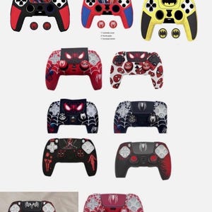 May include: A collection of eleven video game controller silicone covers featuring various graphic designs including superhero themes, spider web patterns, and character logos. Each cover includes matching thumb stick grips and a touchpad sticker.
