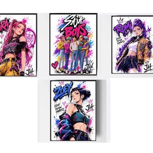 May include: A set of four rectangular art prints featuring anime-style characters with vibrant paint splatter backgrounds. The prints include text labels Mira, Saja Boys, Rumi, and Zoey, along with the text Kpop Demon Hunters and the initials JH.