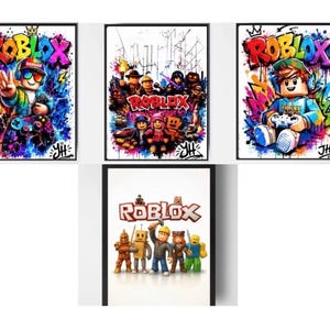 May include: A set of four rectangular wall art prints featuring Roblox characters and logos. Two prints display vibrant graffiti-style artwork with colorful paint splatters, while the other two show groups of blocky figures under the Roblox text.