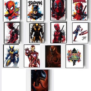 May include: A collection of thirteen rectangular wall art prints featuring various comic book characters including Spider-Man, Batman, Deadpool, Wolverine, Iron Man, Carnage, Venom, Captain America, and a Doctor Doom Avengers Doomsday graphic.