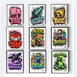 May include: A set of nine rectangular art prints featuring Minecraft characters and items including a pig, diamond sword, bee, TNT block, Alex, Jesse, ender dragon, Steve, and creeper, all rendered in a vibrant graffiti-style paint splatter design.