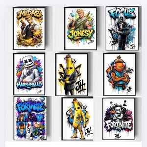 May include: A collection of nine rectangular art prints featuring various video game characters in a graffiti-inspired style. The prints include Midas, Jonesy, Focus, Marshmello, Peely, and Fishstick, with vibrant paint splatters and bold text.